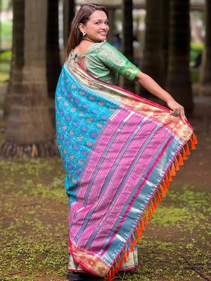 Blue patola silk saree with unstitched blouse piece 2