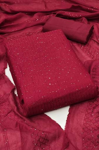 Maroon chanderi cross head thread work sequins embellished striped unstitched dress material with dupatta
