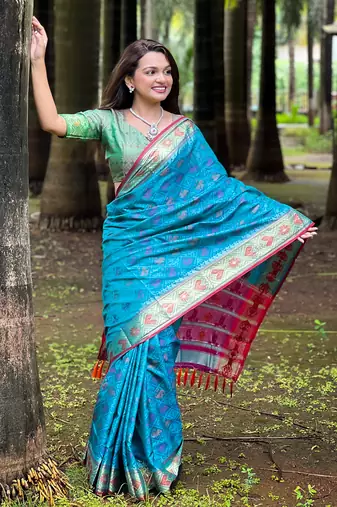 Blue patola silk saree with unstitched blouse piece