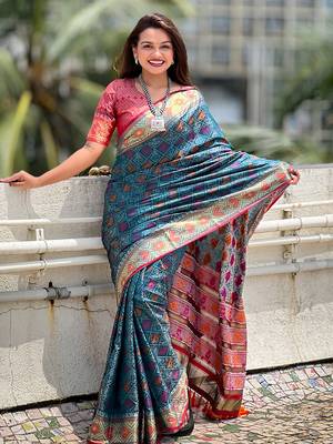 Teal patola silk saree with unstitched blouse piece 1