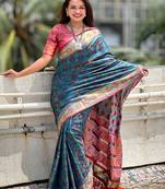 Teal patola silk saree with unstitched blouse piece