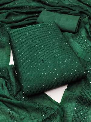 Dark green chanderi cross head thread work sequins embellished striped unstitched dress material with dupatta 1