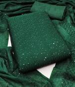 Dark green chanderi cross head thread work sequins embellished striped unstitched dress material with dupatta