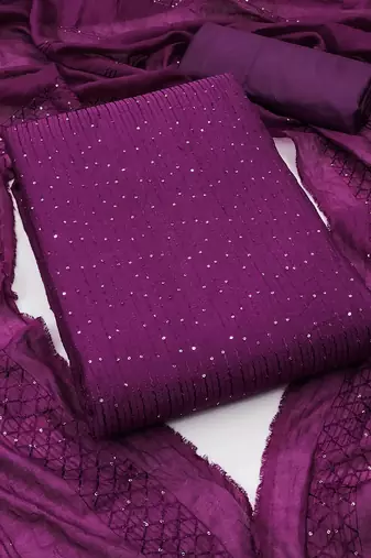 Purple chanderi cross head thread work sequins embellished striped unstitched dress material with dupatta