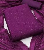 Purple chanderi cross head thread work sequins embellished striped unstitched dress material with dupatta