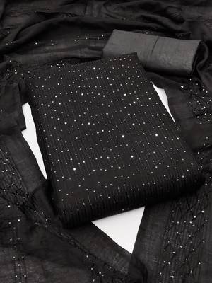 Black chanderi cross head thread work sequins embellished striped unstitched dress material with dupatta 1