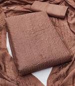 Brown chanderi cross head thread work sequins embellished striped unstitched dress material with dupatta