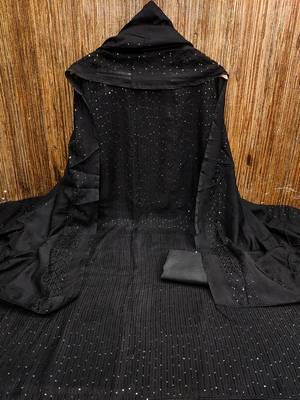 Black chanderi cross head thread work sequins embellished striped unstitched dress material with dupatta 2