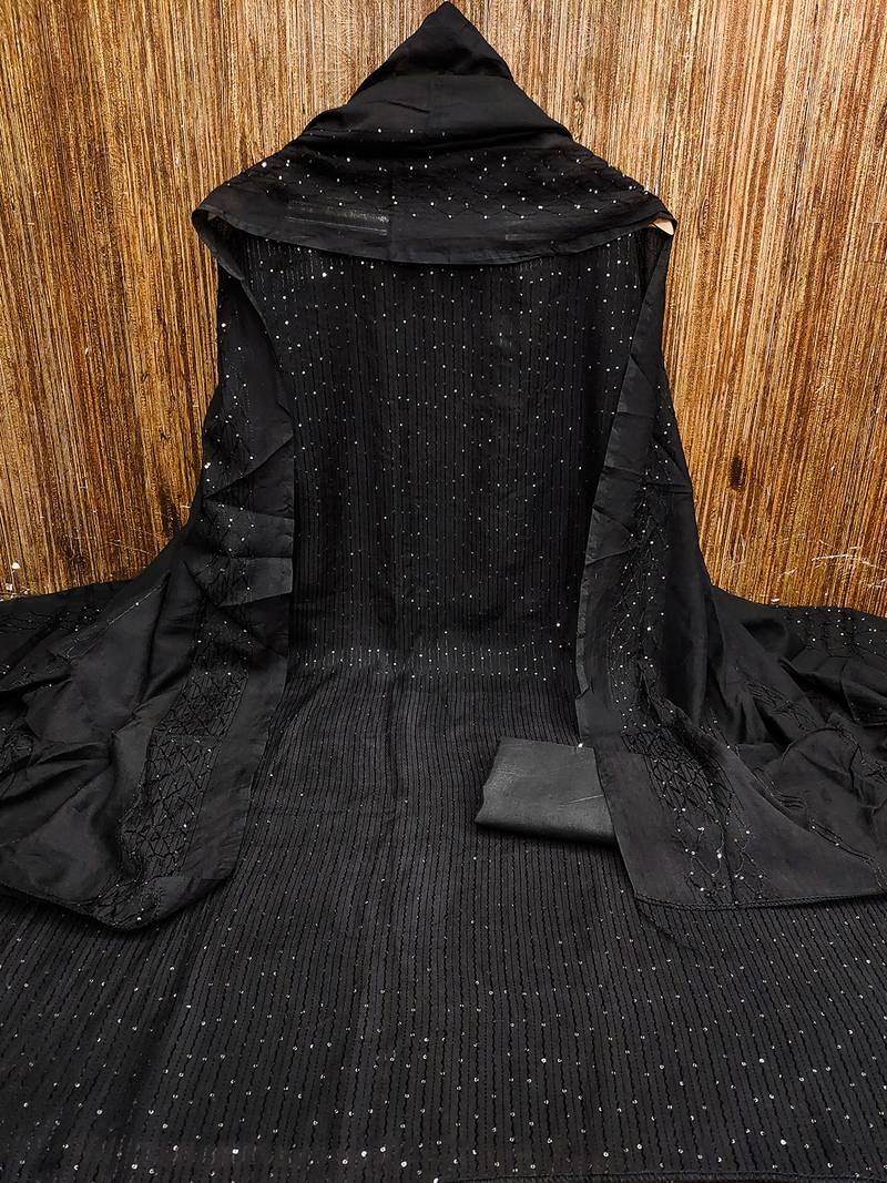 Black chanderi cross head thread work sequins embellished striped unstitched dress material with dupatta