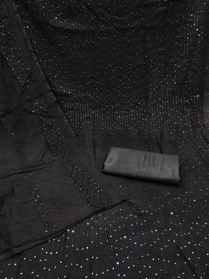 Black chanderi cross head thread work sequins embellished striped unstitched dress material with dupatta 3