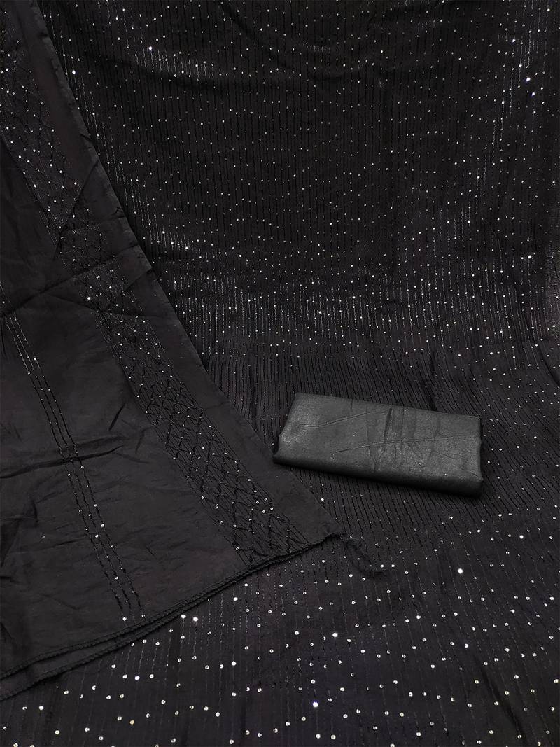 Black chanderi cross head thread work sequins embellished striped unstitched dress material with dupatta