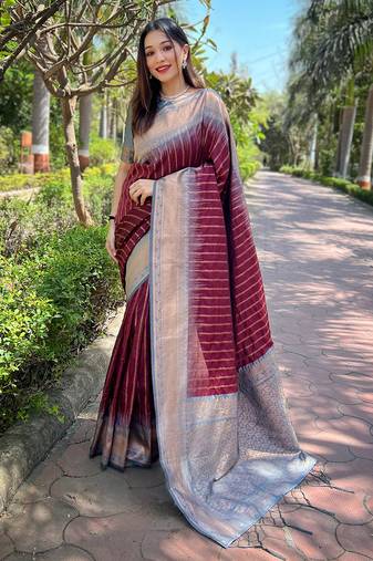 Maroon zari woven soft silk women's saree with blouse piece