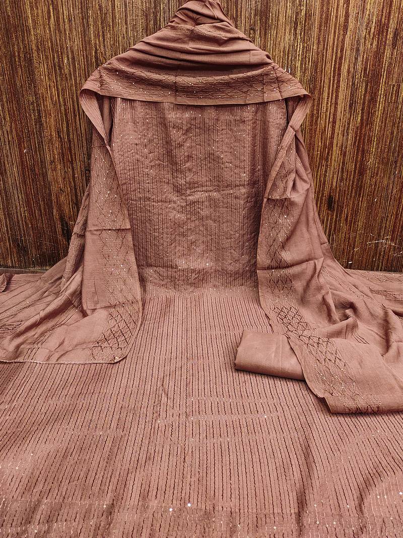 Brown chanderi cross head thread work sequins embellished striped unstitched dress material with dupatta