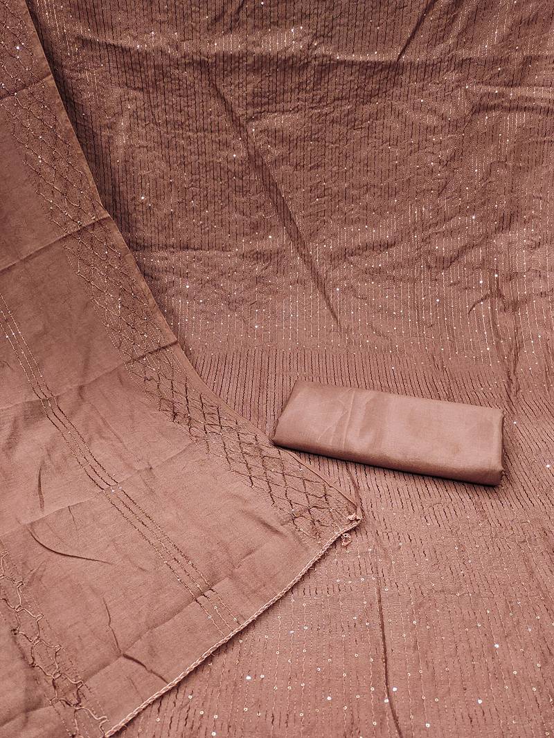 Brown chanderi cross head thread work sequins embellished striped unstitched dress material with dupatta