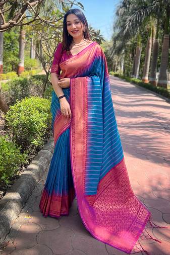 Dark blue zari woven soft silk women's saree with blouse piece