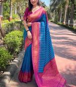 Dark blue zari woven soft silk women's saree with blouse piece