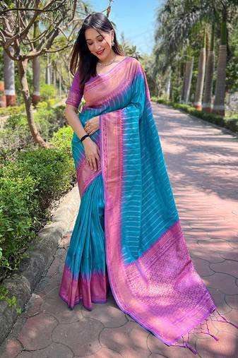 Blue zari woven soft silk women's saree with blouse piece