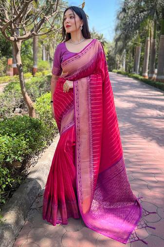 Pink zari woven soft silk women's saree with blouse piece