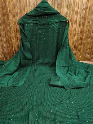 Dark green chanderi cross head thread work sequins embellished striped unstitched dress material with dupatta 2