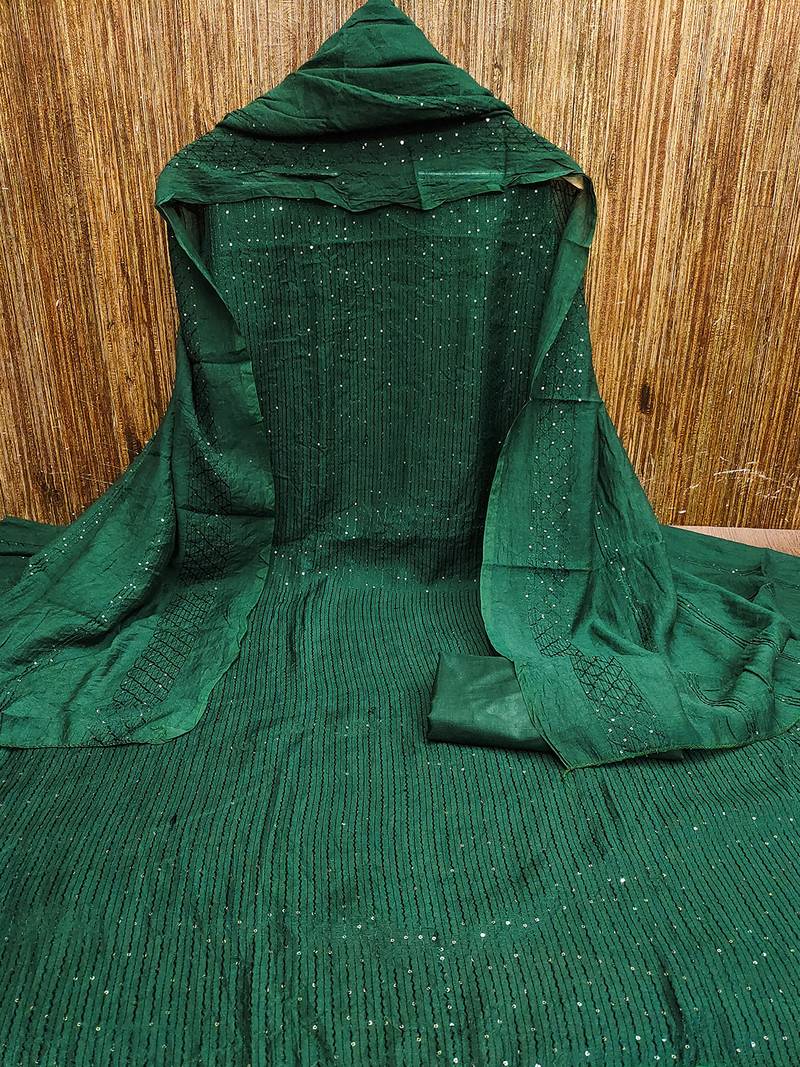 Dark green chanderi cross head thread work sequins embellished striped unstitched dress material with dupatta