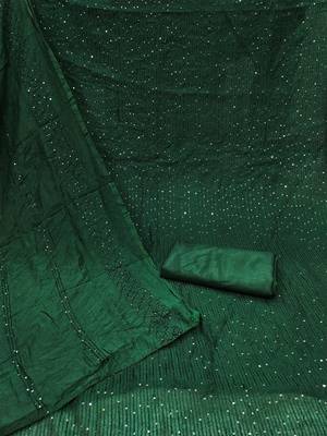 Dark green chanderi cross head thread work sequins embellished striped unstitched dress material with dupatta 3