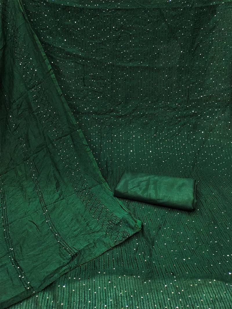 Dark green chanderi cross head thread work sequins embellished striped unstitched dress material with dupatta