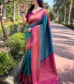 Teal zari woven soft silk women's saree with blouse piece