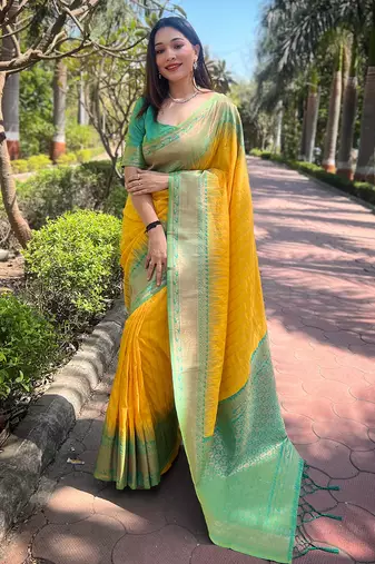 Yellow zari woven soft silk women's saree with blouse piece