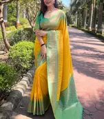 Yellow zari woven soft silk women's saree with blouse piece