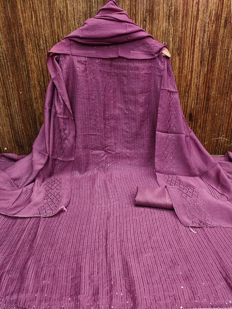 Dusty pink chanderi cross head thread work sequins embellished striped unstitched dress material with dupatta