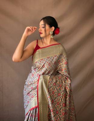 Grey pure patola silk saree and unstitched blouse piece 2