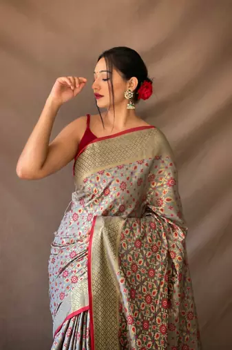 Grey pure patola silk saree and unstitched blouse piece