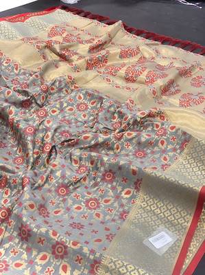 Grey pure patola silk saree and unstitched blouse piece 3