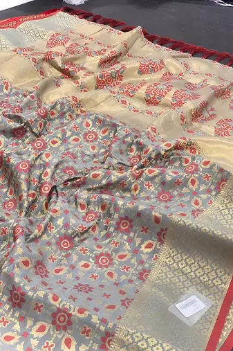 Grey pure patola silk saree and unstitched blouse piece