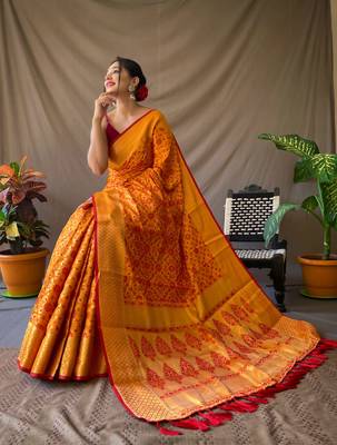 Orange pure patola silk saree and unstitched blouse piece 1