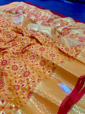 Orange pure patola silk saree and unstitched blouse piece 3
