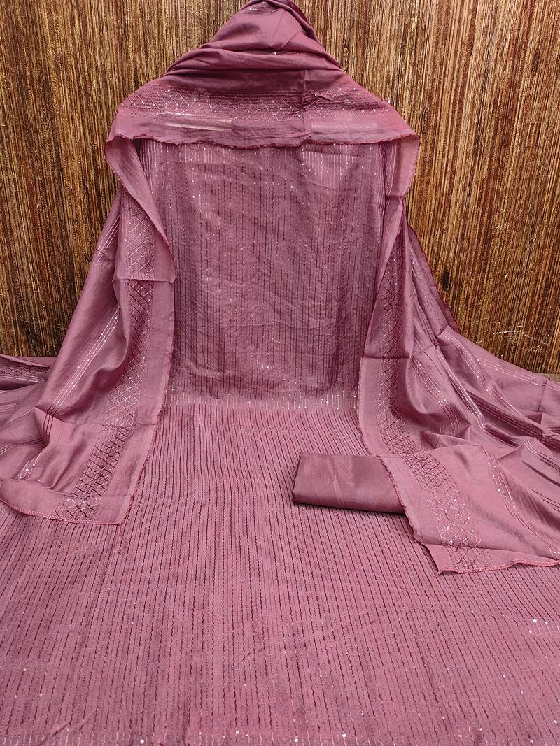 Mauve chanderi cross head thread work sequins embellished striped unstitched dress material with dupatta