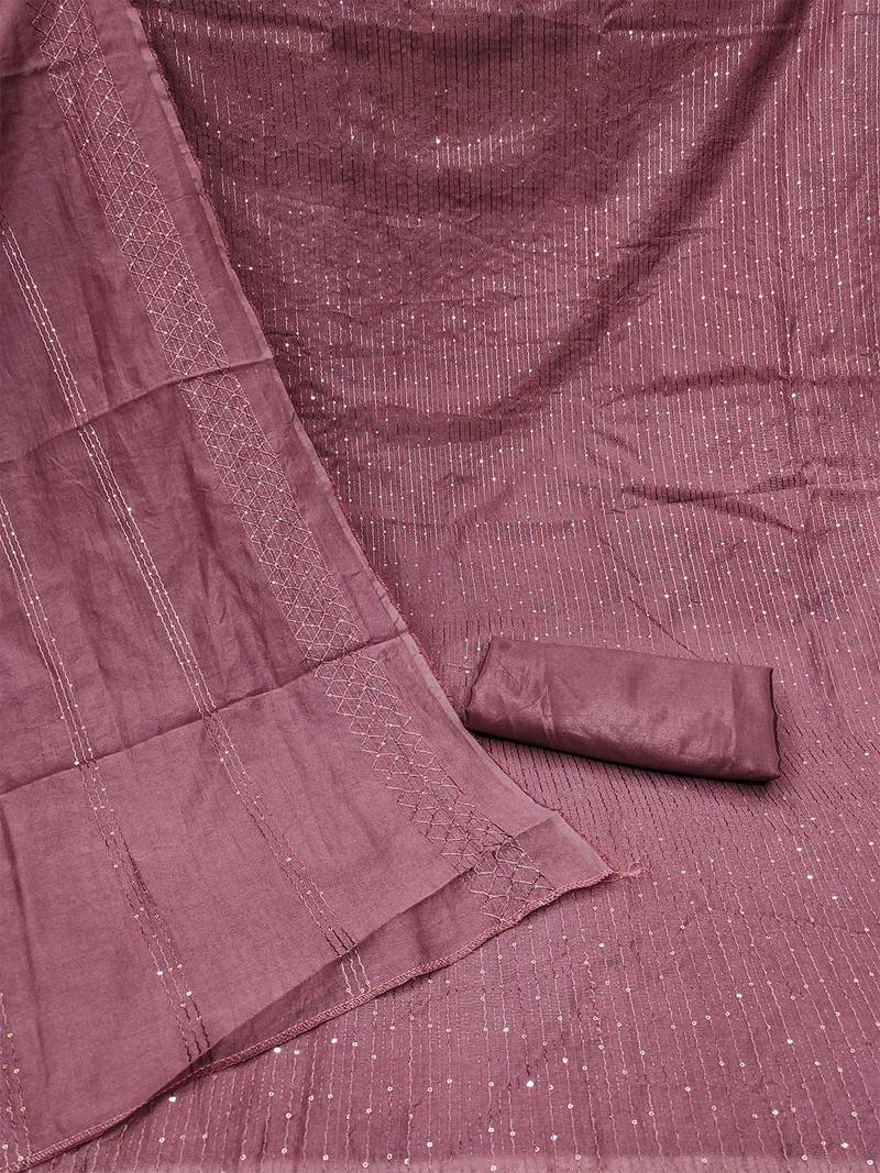 Mauve chanderi cross head thread work sequins embellished striped unstitched dress material with dupatta