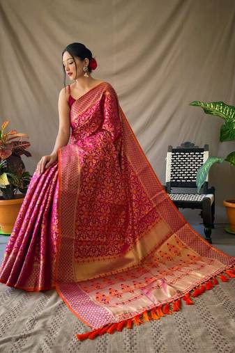 Pink pure patola silk saree and unstitched blouse piece