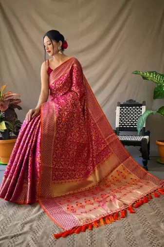 Pink pure patola silk saree and unstitched blouse piece