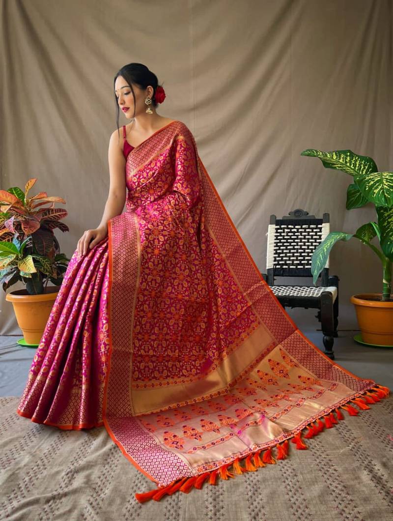 Pink pure patola silk saree and unstitched blouse piece