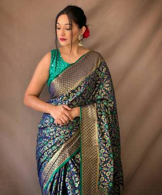 Dark blue pure patola silk saree and unstitched blouse piece 1