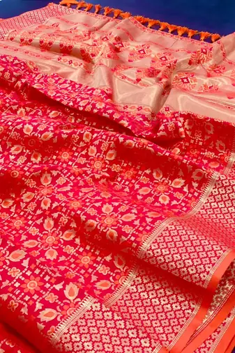 Red pure patola silk saree and unstitched blouse piece