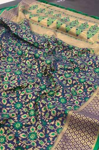 Dark blue pure patola silk saree and unstitched blouse piece