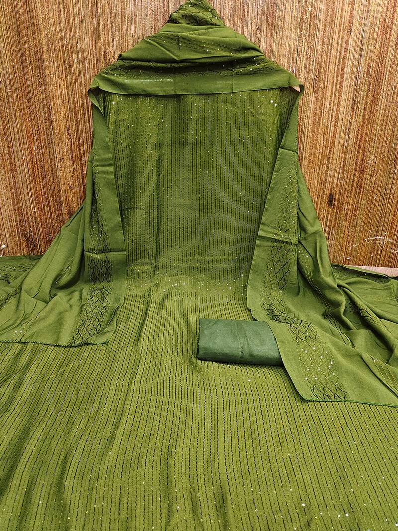 Olive green chanderi cross head thread work sequins embellished striped unstitched dress material with dupatta