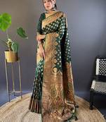 Green zari woven Banarasi silk blend saree with unstitched blouse piece