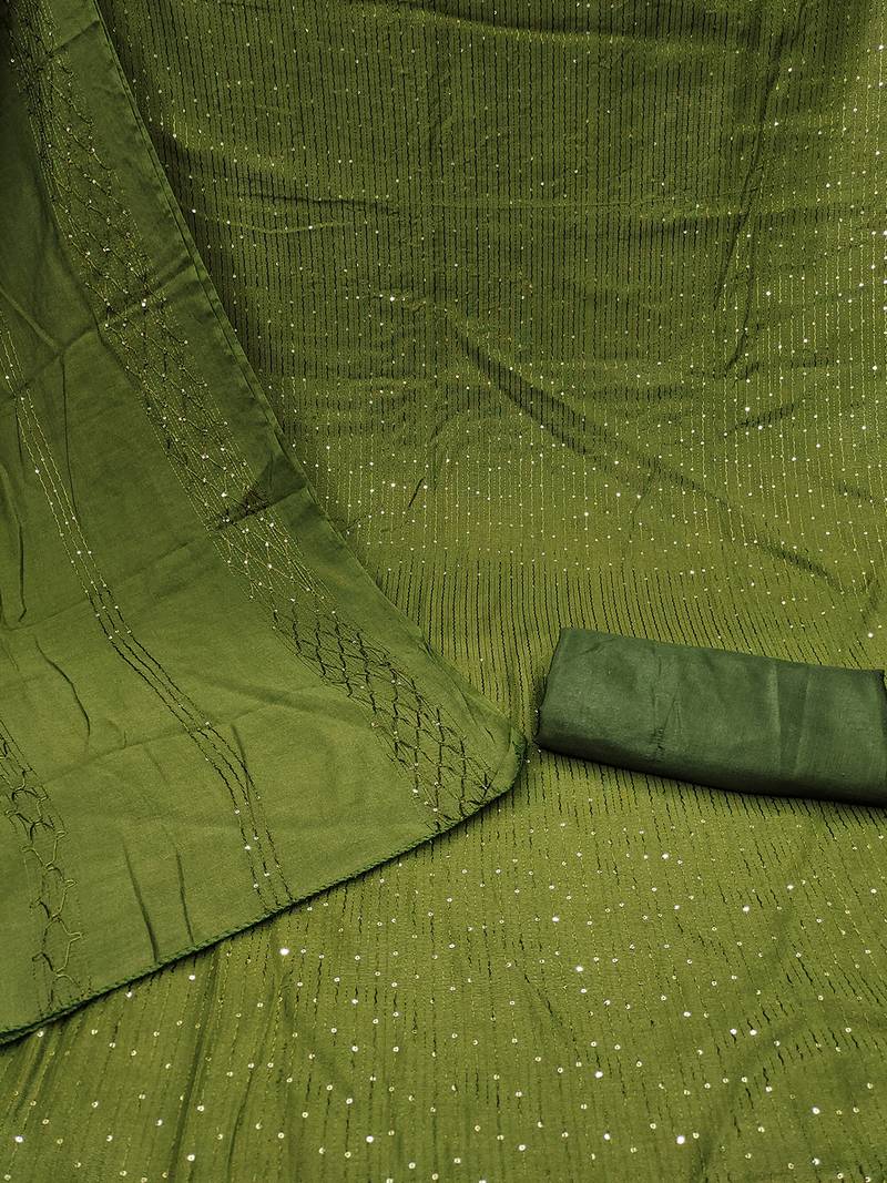 Olive green chanderi cross head thread work sequins embellished striped unstitched dress material with dupatta
