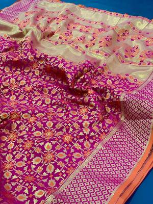 Pink pure patola silk saree and unstitched blouse piece 3