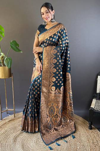Teal zari woven Banarasi silk blend saree with unstitched blouse piece