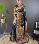 Teal zari woven Banarasi silk blend saree with unstitched blouse piece
